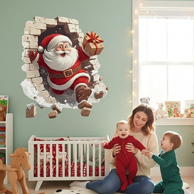 Maman avec bébé dans ses bras et enfant assis sur tapis et communiant dans chambre ornée par stickers muraux enfant esprit noël