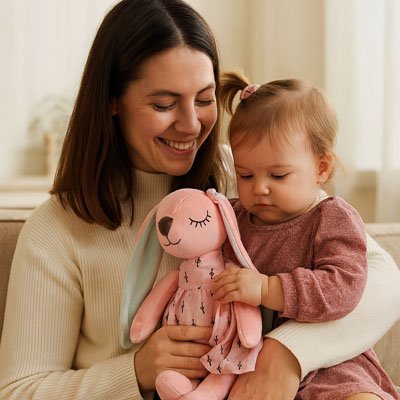 Maman avec son bébé comtemplant peluche lapin Douceur Réconfortant