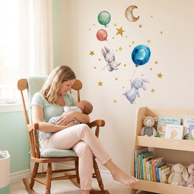 Maman berçant bébé dans ses bras dans univers décoré par stickers muraux chambre nuit magique