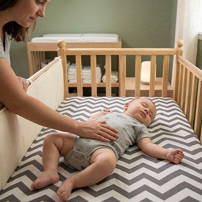 Maman berçant bébé vêtu de gris couché sur le dos sur le matelas recouvert du drap housse lit bébé tout doux dans berceau