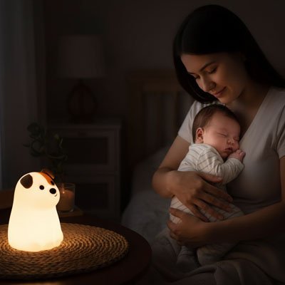 Maman comblée avec bébé dans bras en face veilleuse bébé lumière douce posée sur commode
