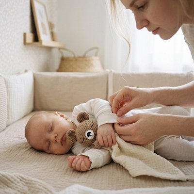 Maman couchant dans lit bébé tenant doudou bébé tendresse réconfortante dans bras