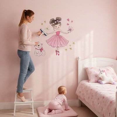 Maman décorant le mur chambre avec stickers muraux enfant transformation instantanée sous regard bébé à quatre pattes