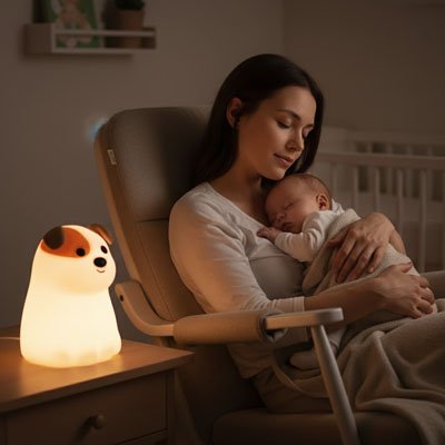 Maman et bébé apaisés par éclairage veilleuse bébé lumière douce