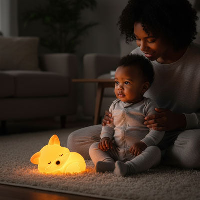 Maman et bébé assis sur tapis contemplant belle lumière émise par veilleuse renard apaisante