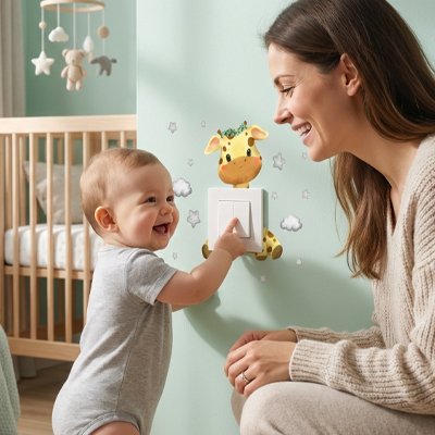 Maman et bébé vêtu vert heureux autour interrupteur placé sur mur décoré par stickers muraux enfant installation rapide