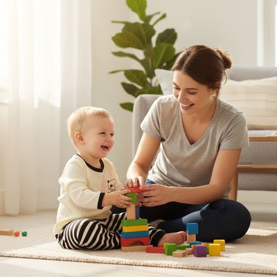 Maman et fils vêtu pyjama bébé coton doux assis souriants et jouant-jeux construction