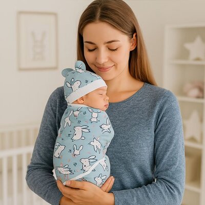 Maman heureuse berçant bébé endormi emmailloté dans Couverture emmaillotage Douillette motif lapin bleu