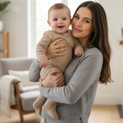Maman heureuse tenant dans bras bébé souriant vêtu pyjama bébé Doudou Nuit marron