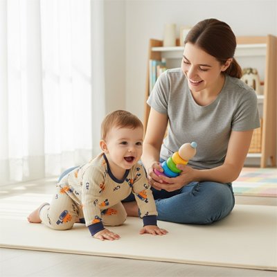 Maman jouant avec bébé vêtu Pyjama bébé Doux Rêves