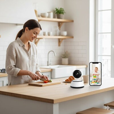 Maman occupée en cuisine et suivant petit ange sur moniteur caméra surveillance bébé full hd nocturne