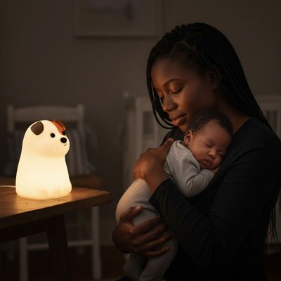 Maman sereine avec bébé dans bras en face veilleuse bébé lumière douce posée sur commode