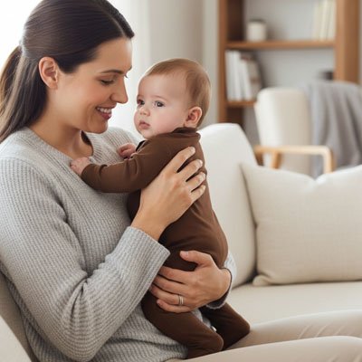 Maman souriante partageant moment complicité avec son fils vêtu pyjama bébé garçon Coton douillet marron