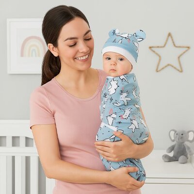 Maman souriante portant bébé éveillé emmailloté dans Couverture emmaillotage Douillette motif lapin bleu 