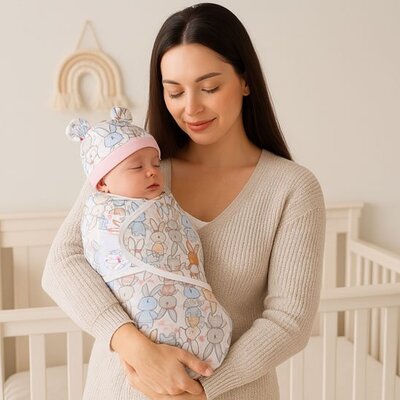 Maman souriante tenant bébé endormi enveloppé dans Couverture emmaillotage Douillette motif lapin rose