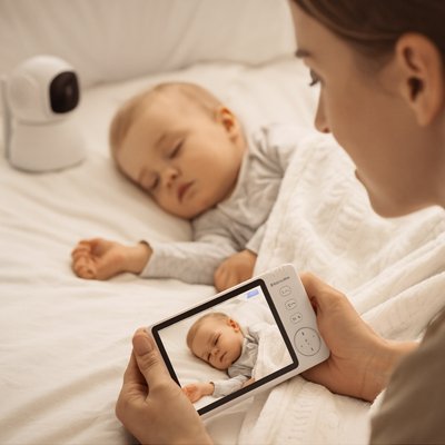 Maman surveillant bébé couché de profil avec caméra bébé vision nocturne hd