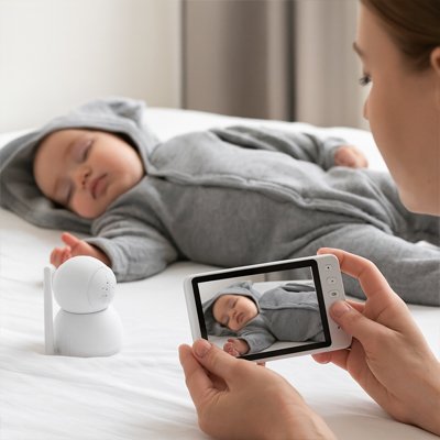 Maman surveillant bébé couché sur dos avec caméra bébé vision nocturne hd