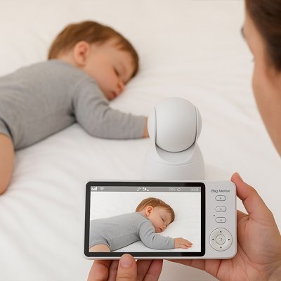 Maman surveillant bébé couché sur ventre avec caméra bébé vision nocturne hd