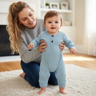 Maman tenant debout enfant vêtu pyjama bebe Coton Bio Ultra Doux bleu