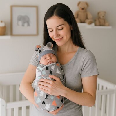 Maman tenant tendrement bébé endormi emmailloté dans Couverture emmaillotage Douillette motif sapins gris