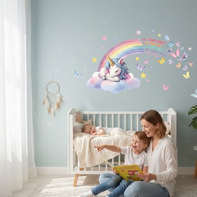 Mère assise sur le tapis avec son fils et faisant lecture tandis que bébé dort sur lit dans chambre décorée avec stickers muraux enfant licorne motivante