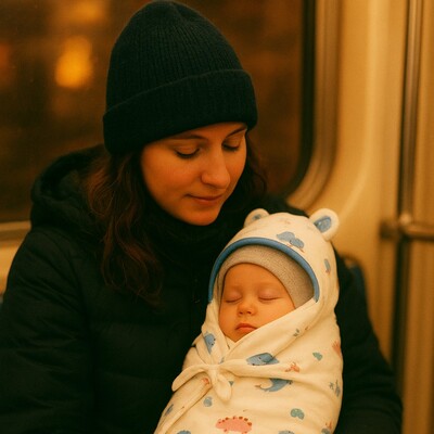 mere avec son bebe vetu nid d ange cosy doudou dans station metro par soiree hivernale