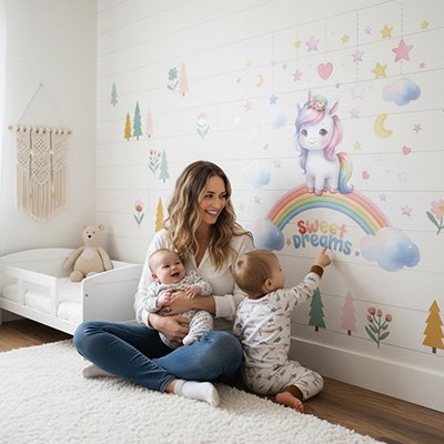 Mère bébé dans bras assise sur le tapis et communiant avec fils pointant mur décoré par stickers muraux enfant licorne beaux rêves
