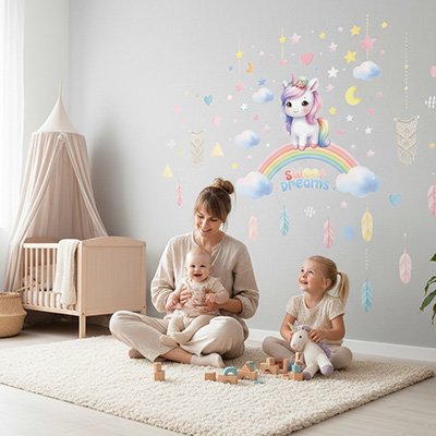 Mère bébé dans bras heureuse et assise sur le tapis avec fillette joyeuse dans chambre décorée par stickers muraux enfant licorne beaux rêves
