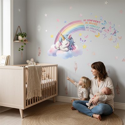 Mère bébé dans les bras assise sur le tapis et communiant avec fils pointant mur décoré par stickers muraux enfant licorne motivante