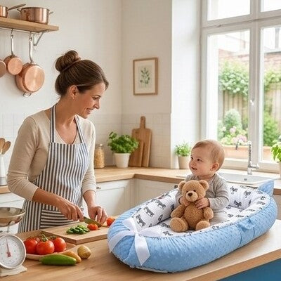 Mère cuisinant et échangeant avec bébé assis dans nid d'ange bébé cocon relaxant ours en peluche dans mains