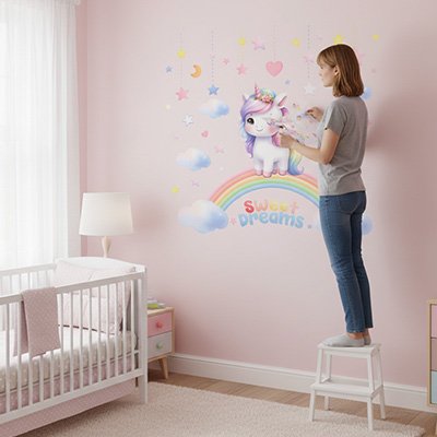 Mère décorant le mur chambre fille avec stickers muraux enfant licorne beaux rêves