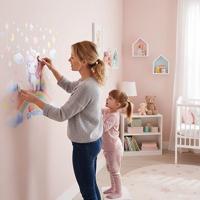 Mère et fille décorant le mur chambre avec stickers muraux enfant licorne beaux rêves