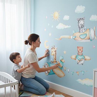Mère et son fils décorant chambre avec stickers muraux enfant animaux aventuriers
