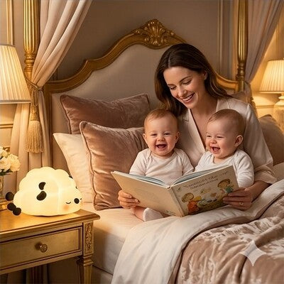 Mère faisant la lecture aux bébés sous éclairage doux veilleuse bébé compagnon apaisant