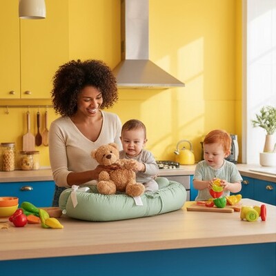 Mère heureuse observant ses deux fils dont l'un assis dans nid d'ange bébé coton évolutif ours en peluche en mains