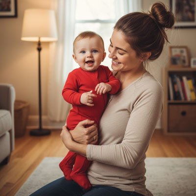 Mère joyeuse portant son enfant vêtu du pyjama bébé garçon Coton Douillet rouge