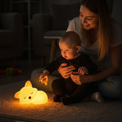 Mère partageant moment convivialité avec bébé attiré par lumière douce veilleuse renard  apaisante