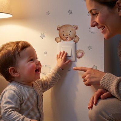 Mère partageant moments de joie avec bébé autour stickers muraux enfant pose sans tracas