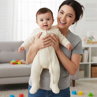 Mère tout sourire avec bébé vêtu pyjama bébé Doudou Nuit beige