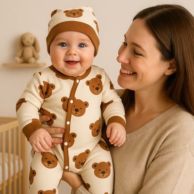 Moment complicité entre une mère et son bébé vêtu pyjama bébé beige a imprimé oursons
