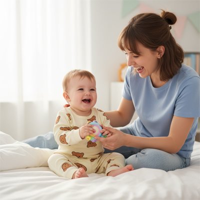Moment éveil entre maman et bébé portant Pyjama bébé Douceur Ulta motif ours