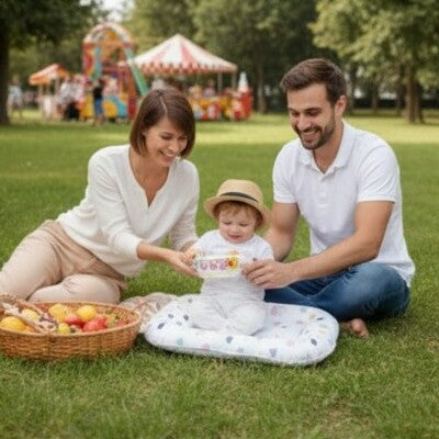 Couple souriant nourrissant bébé au chapeau lors d'un pique-nique en extérieur, avec le Nid d'ange portable Doux Rêves offrant une surface propre et confortable