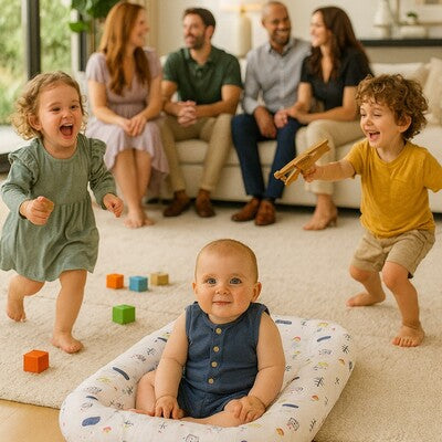 Nid d'ange portable Doux Rêves : Bébé au centre, éveillé, souriant pendant que les enfants plus âgés jouent autour, avec la famille assise en arrière-plan