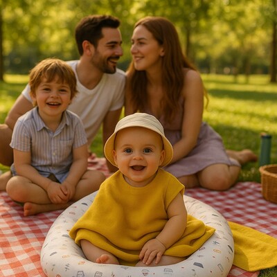 Bébé souriant avec chapeau, assis dans le Nid d'ange portable Doux Rêves sur une couverture de pique-nique au parc, sous la surveillance de ses parents
