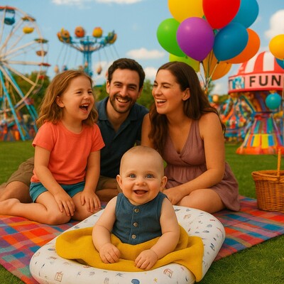 Famille heureuse et riante à la fête foraine : bébé au premier plan souriant dans son Nid d'ange portable Doux Rêves entouré de ballons