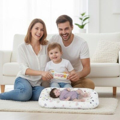 Parents et enfant souriants avec le nouveau-né endormi en toute sécurité dans le Nid d'ange portable Doux Rêves au milieu du salon