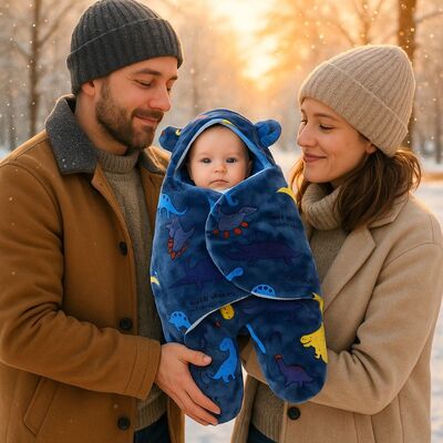 parents tres sereins lors sortie hivernale avec leur bebe dans nid d ange anima