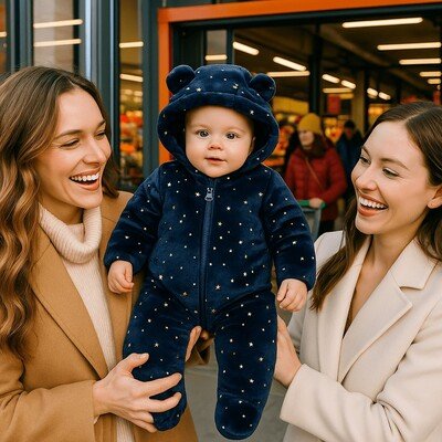 bebe vetu son nid d ange bodychaud avec mere et tante dans un supermarche