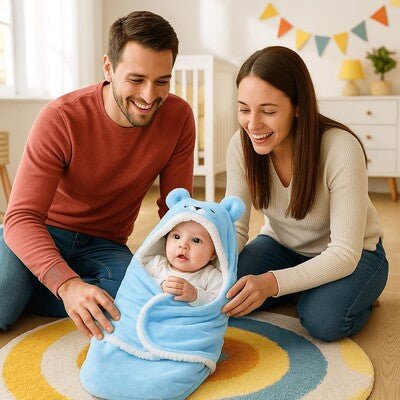 parents joyeux avec nouveau ne dans nid d ange confortplus