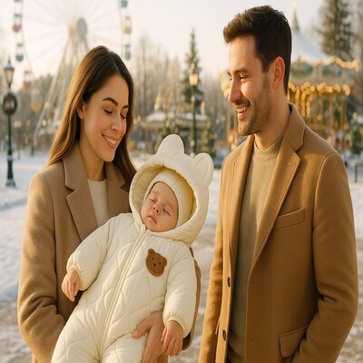 des parents avec bebe dans nid d ange hiverchouet lors balade hivernale